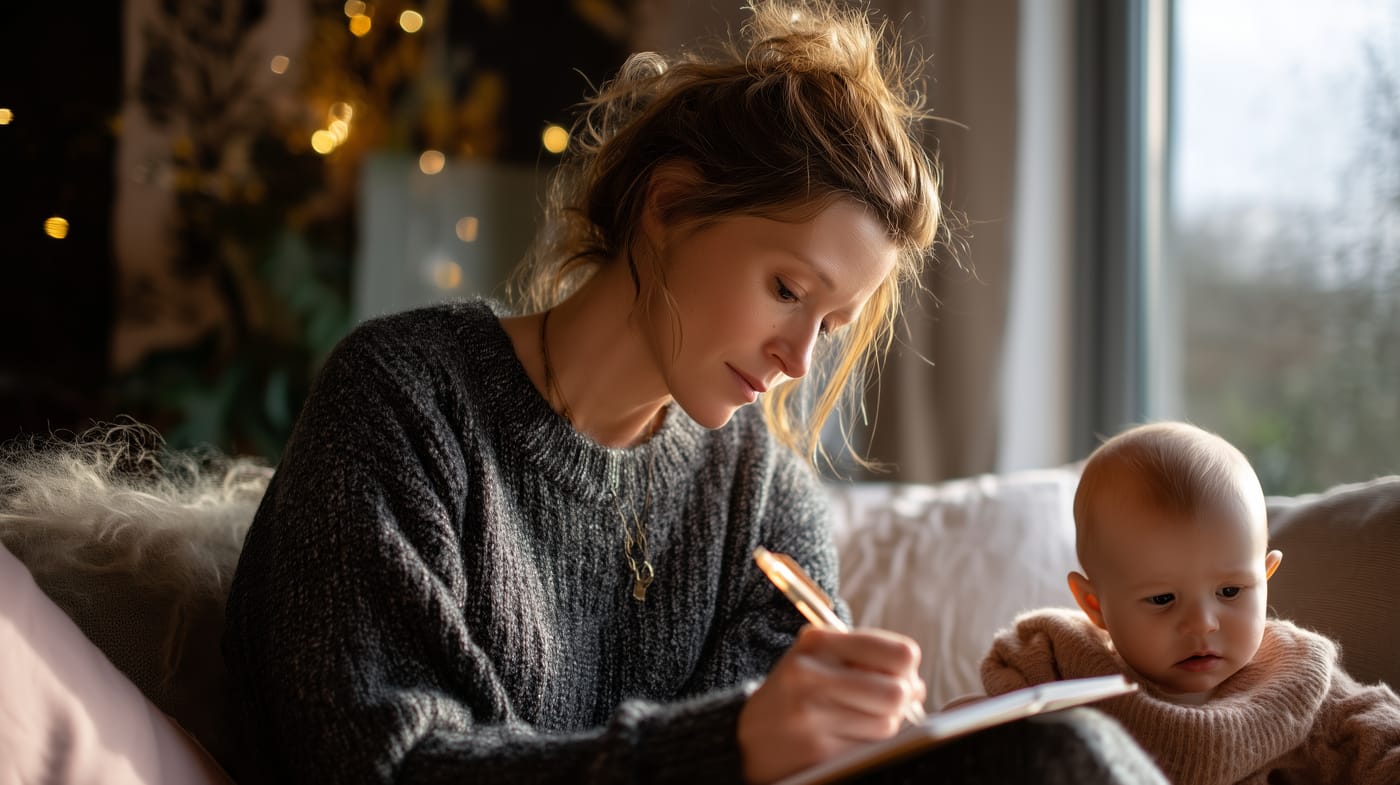 Madre sonriendo junto a su bebé, revisando mensajes de seguimiento por WhatsApp