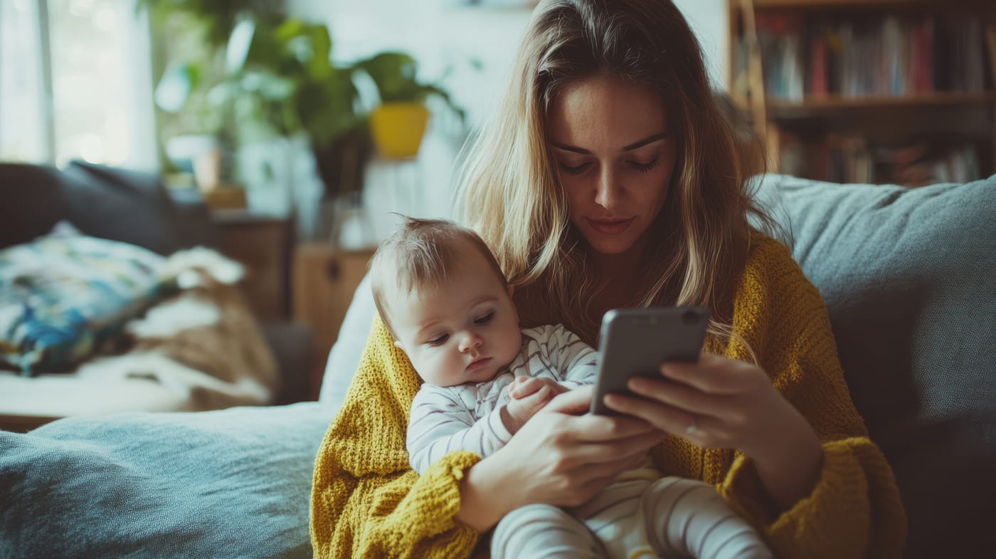Madre revisando su teléfono con su bebé en brazos, resolviendo una duda puntual